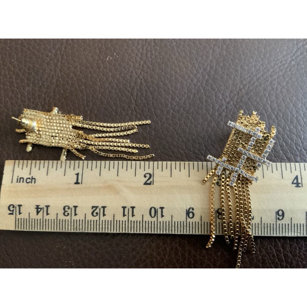 Gold Tassel Fringe Chain Stud Earrings Crystal CZ Geometric Sculptural Statement - Picture 5 of 8